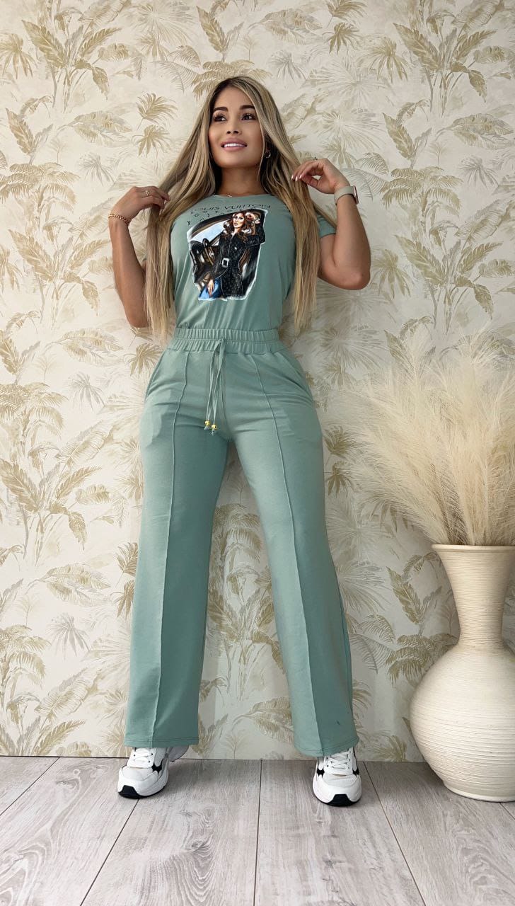 Conjunto 2 Piezas - Pantalón en Burda y Blusa Algodón Licrado Ref: 400