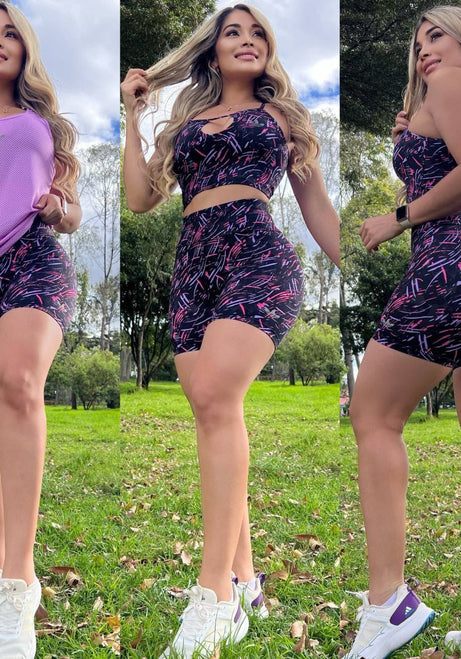 Conjunto 3 Piezas - Shorts y Top en Licra Nylon + Esqueleto en Capri Ref: 5540