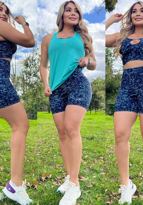 Conjunto 3 Piezas - Shorts y Top en Licra Nylon + Esqueleto en Capri Ref: 5540