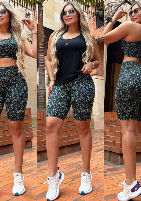 Conjunto 3 Piezas - Biker y Top en Licra Nylon + Esqueleto en Tela Capriti Ref: 4030