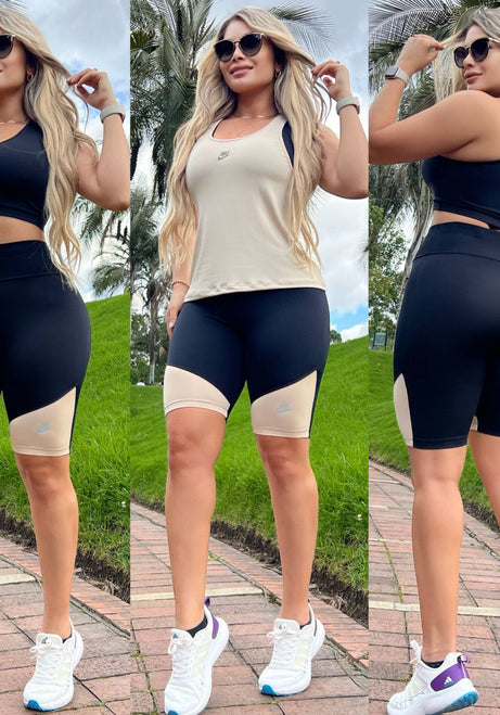 Conjunto 3 Piezas - Biker y Top en Licra Nylon + Esqueleto en Tela Capriti Ref: 4030