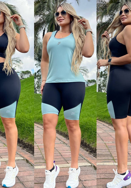 Conjunto 3 Piezas - Biker y Top en Licra Nylon + Esqueleto en Tela Capriti Ref: 4030