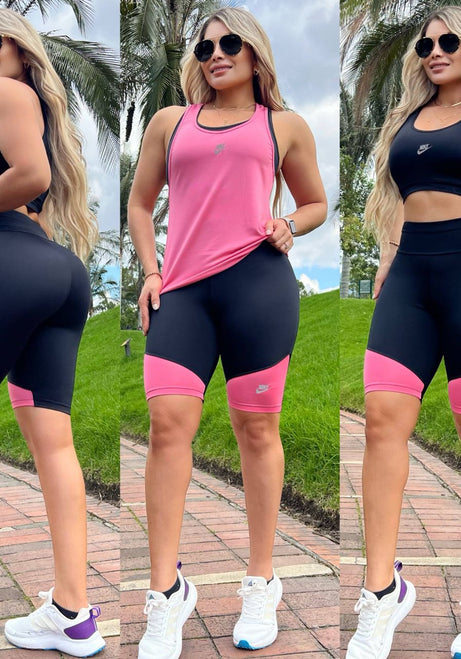 Conjunto 3 Piezas - Biker y Top en Licra Nylon + Esqueleto en Tela Capriti Ref: 4030